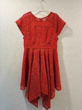 ANTHROPOLOGIE MAEVE Prima Handkerchief Hem Red/Orange Lace Midi Dress Women 14